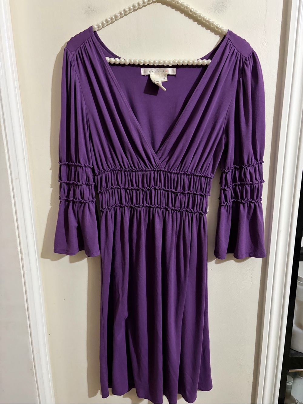 Studio M Purple V-Neck Smocked-Waist Mini Dress